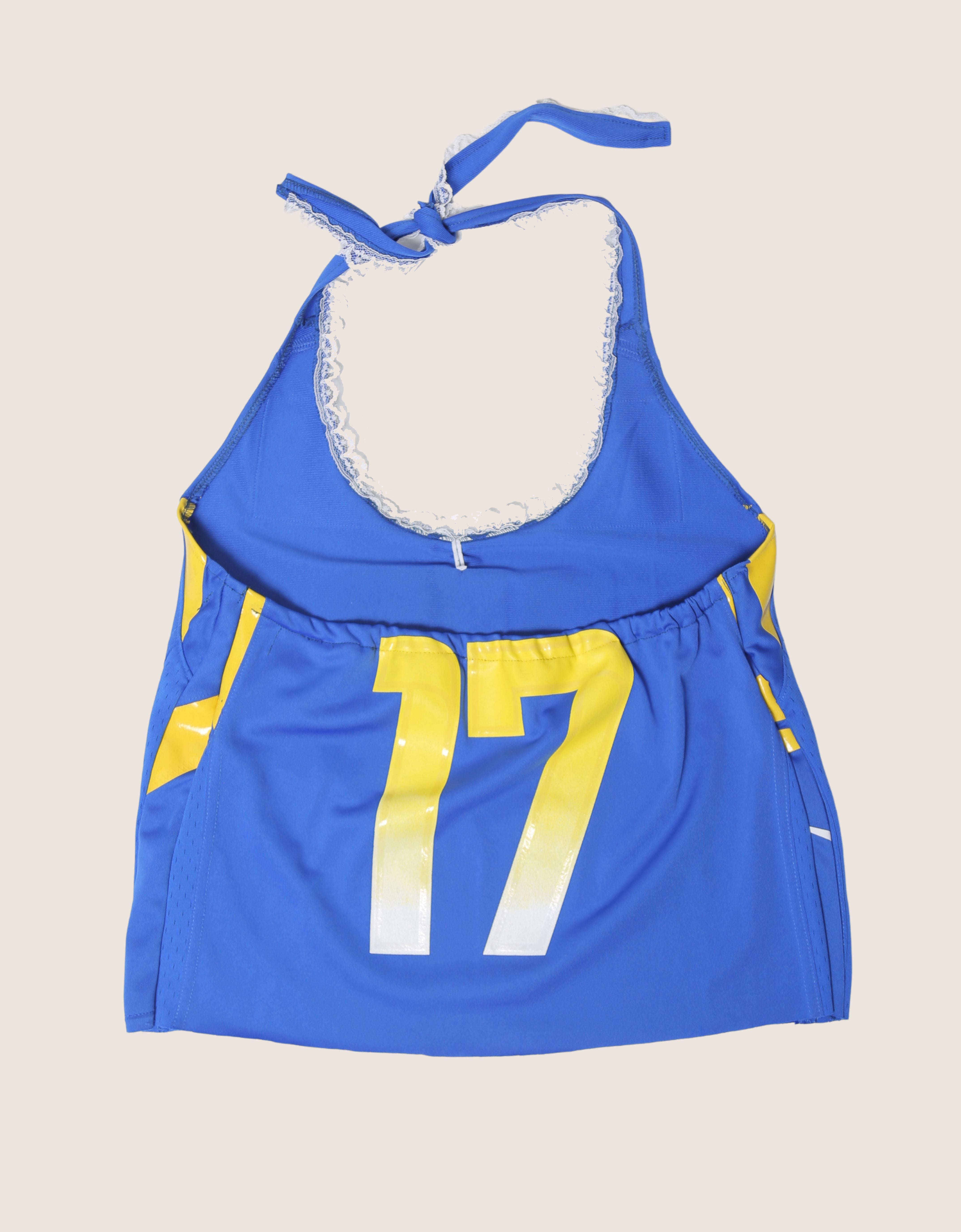 blue #17 lace trim jersey halter top