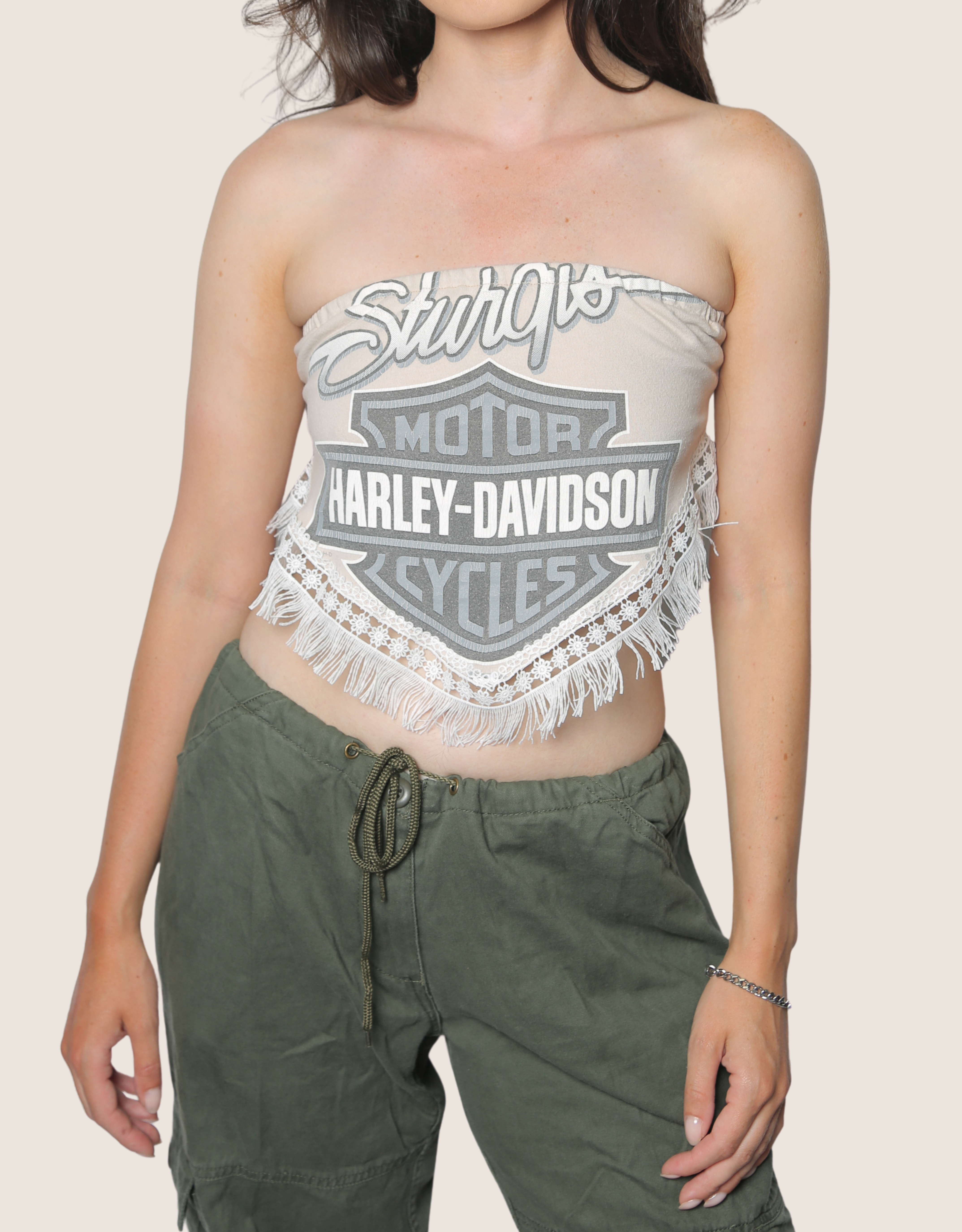 harley crest fringe tie back tube top (m/l)
