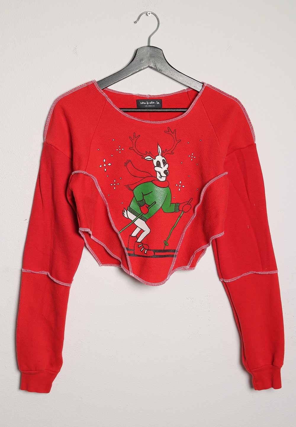 xmas reindeer reworked exposed stitch cropped sweatshirt