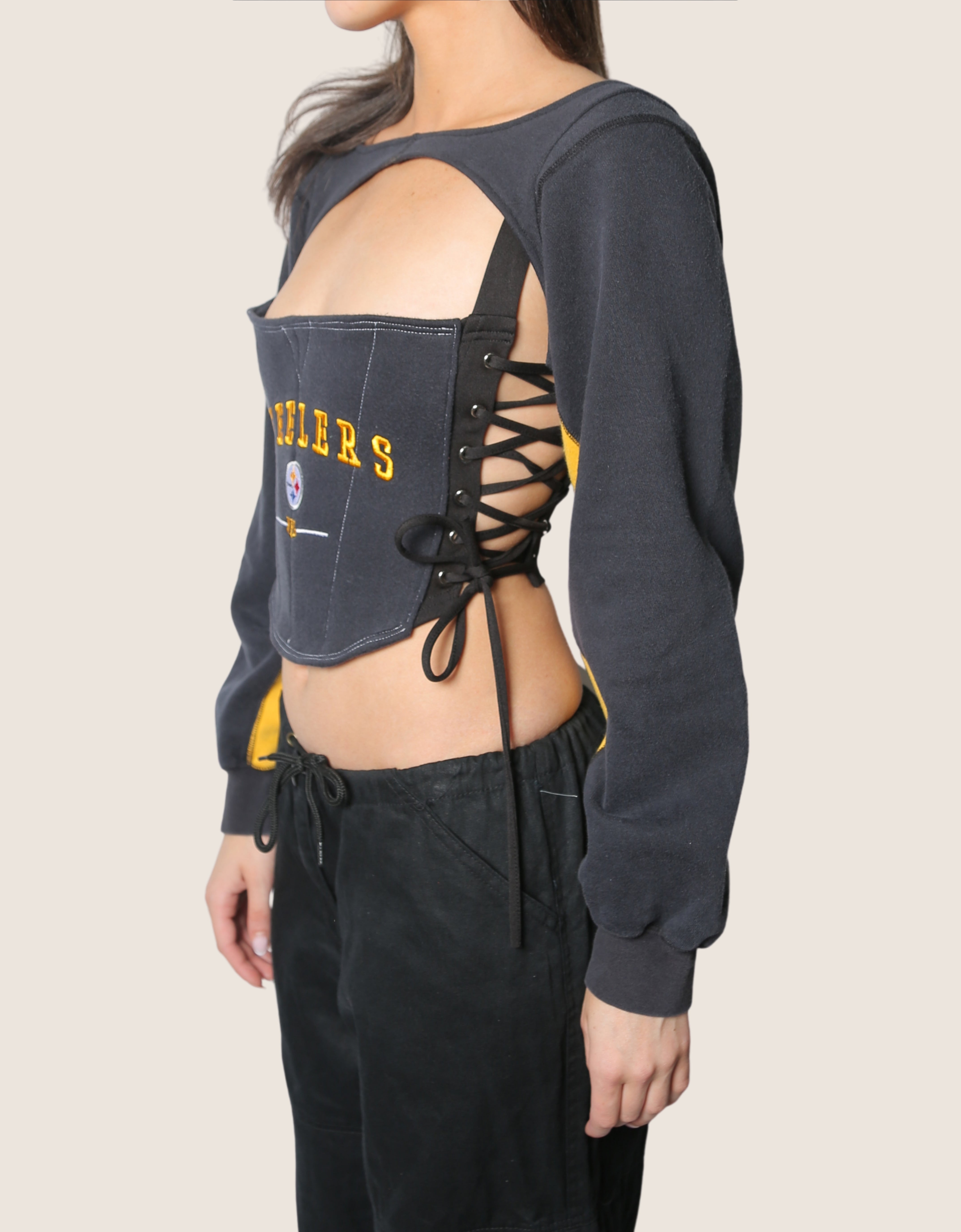 steelers reworked side lace corset with sweatshirt shrug (small)