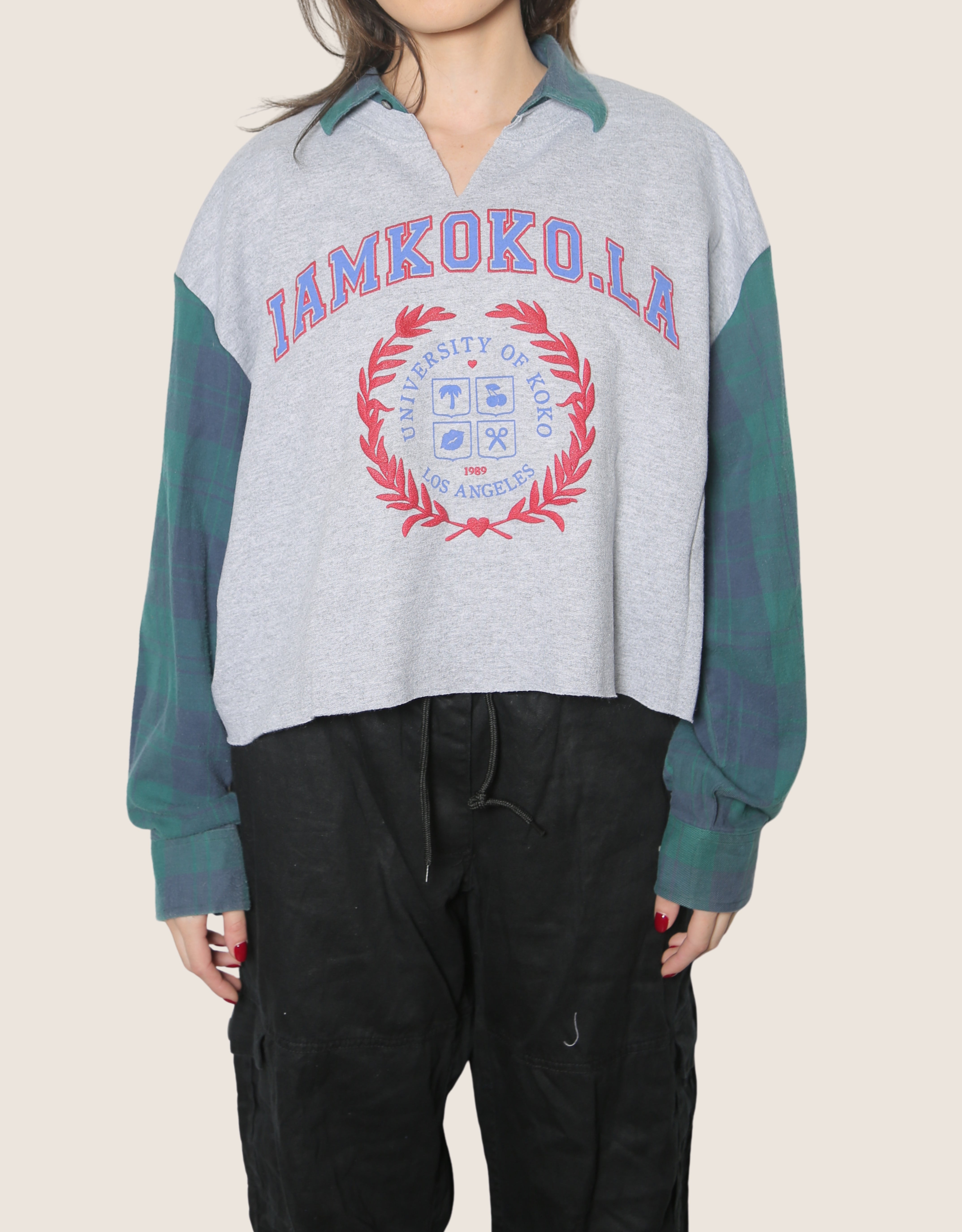 koko university sweatshirt with green plaid sleeves (large)