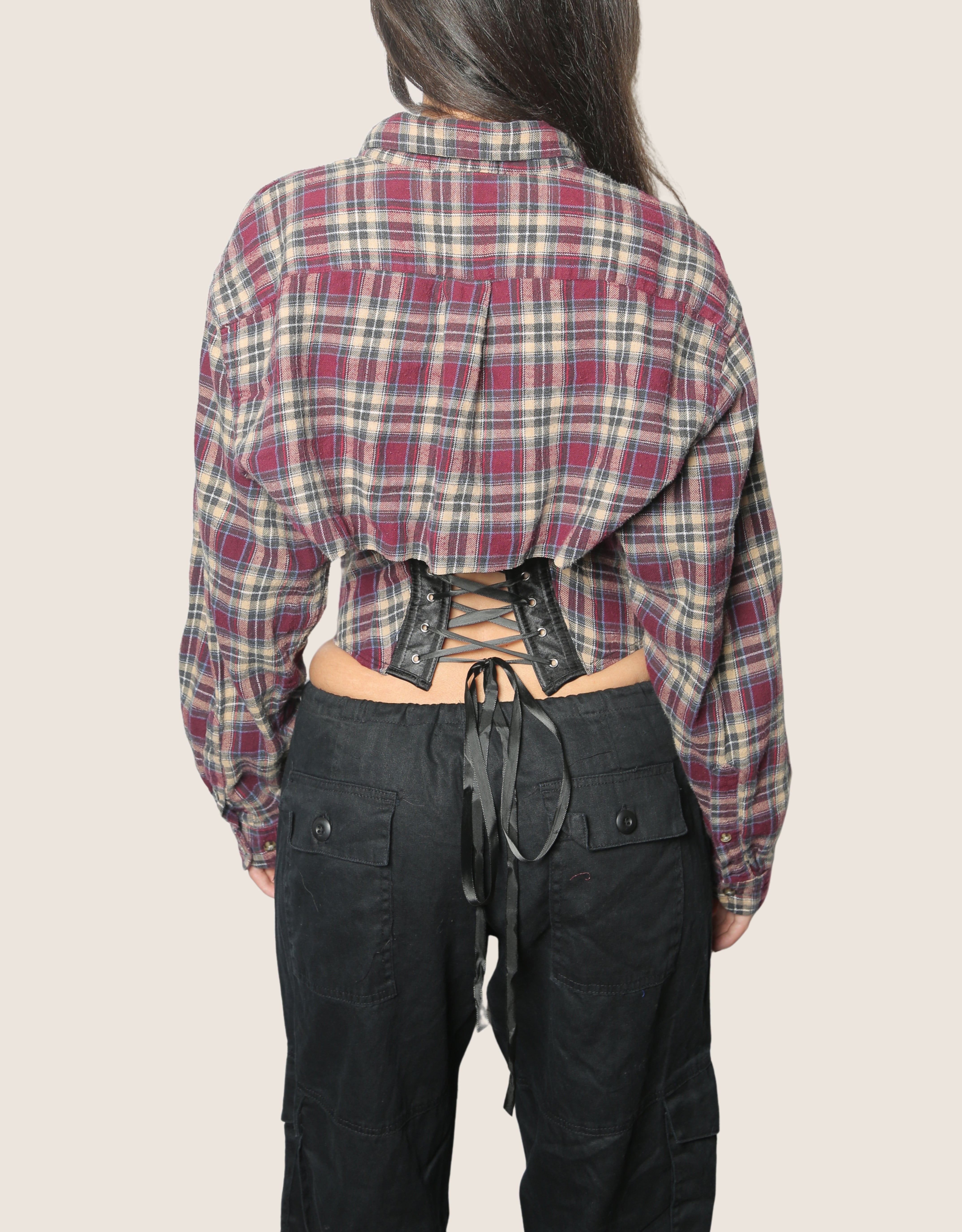 reworked flannel snap corset- burgundy/tan (small)