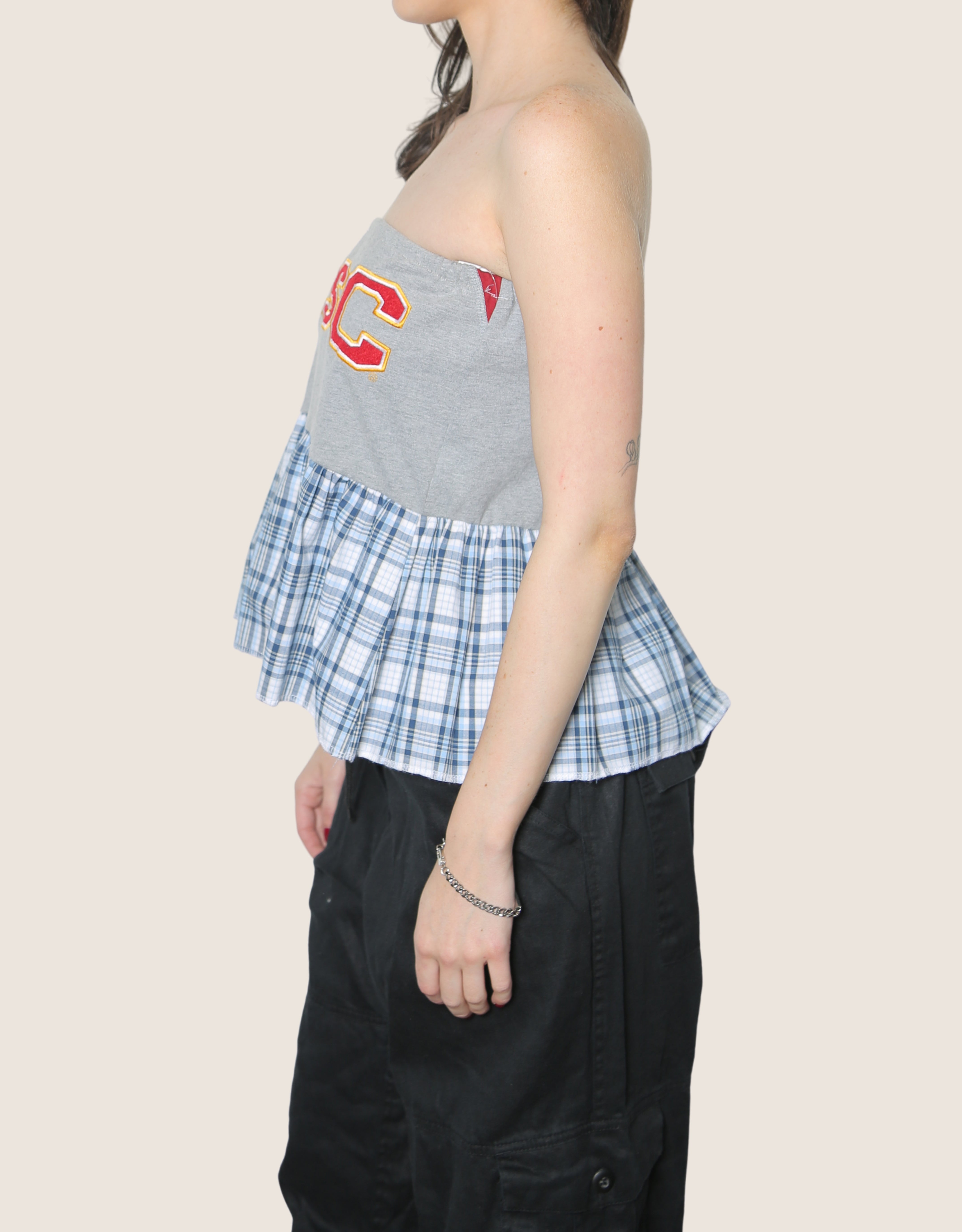 usc reworked tube top with plaid trim