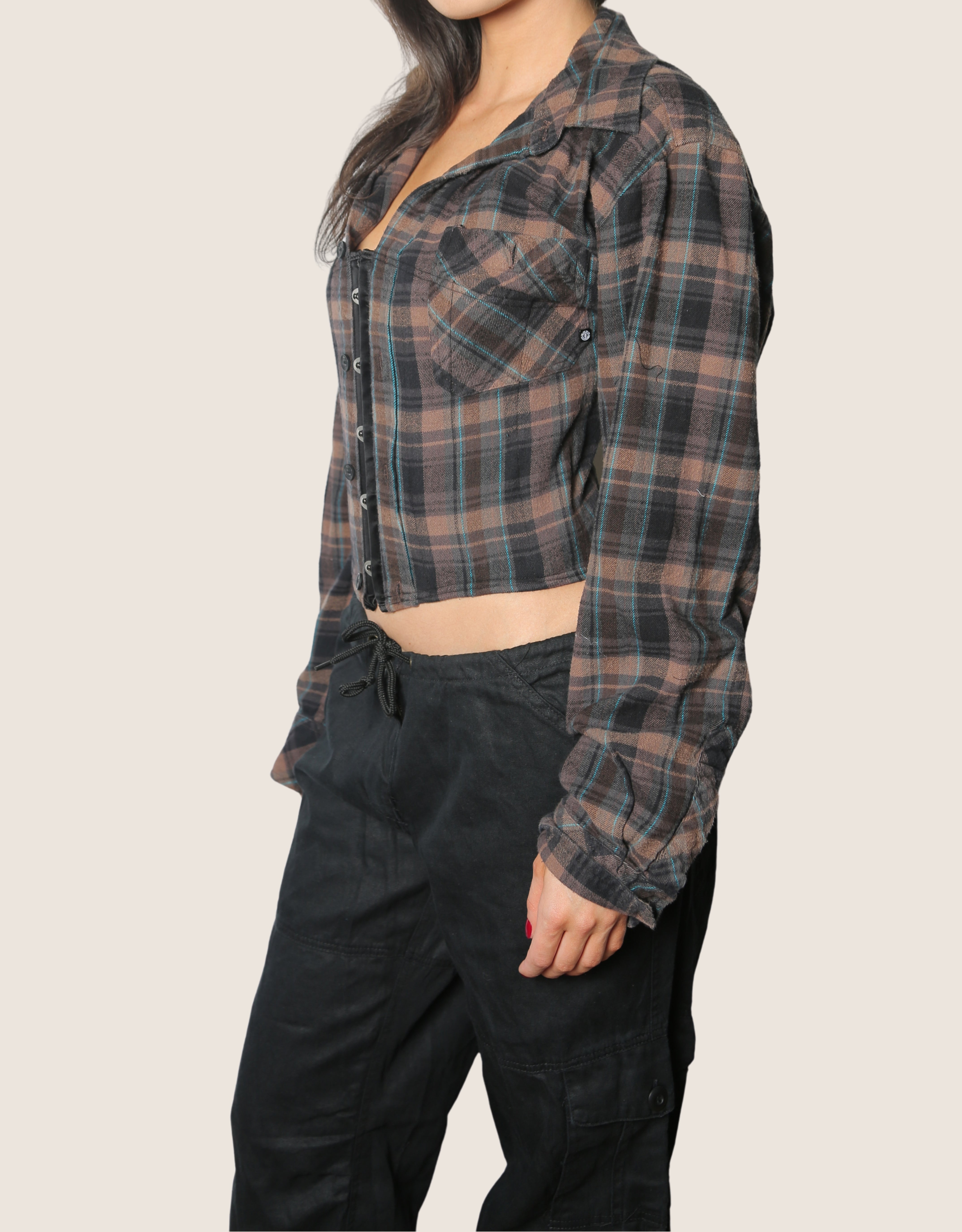 reworked flannel snap corset- brown/team (small)