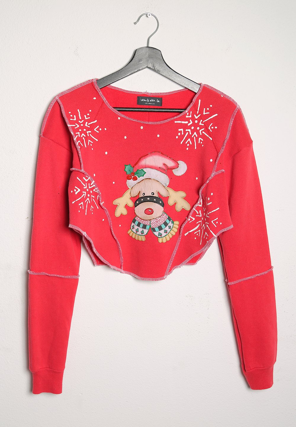 xmas rudolph reworked exposed stitch cropped sweatshirt