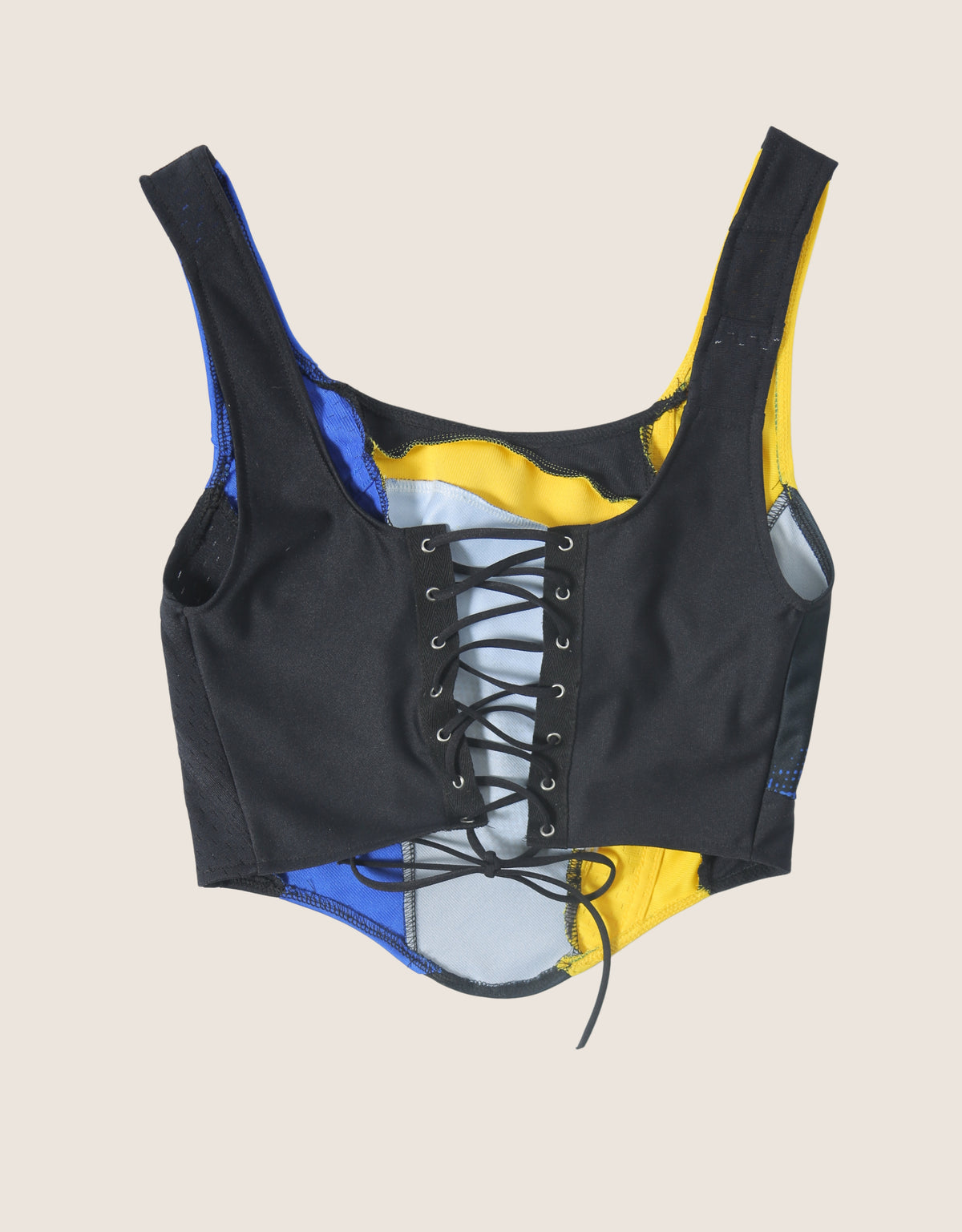 blue/ yellow mid length corset tank top (S)