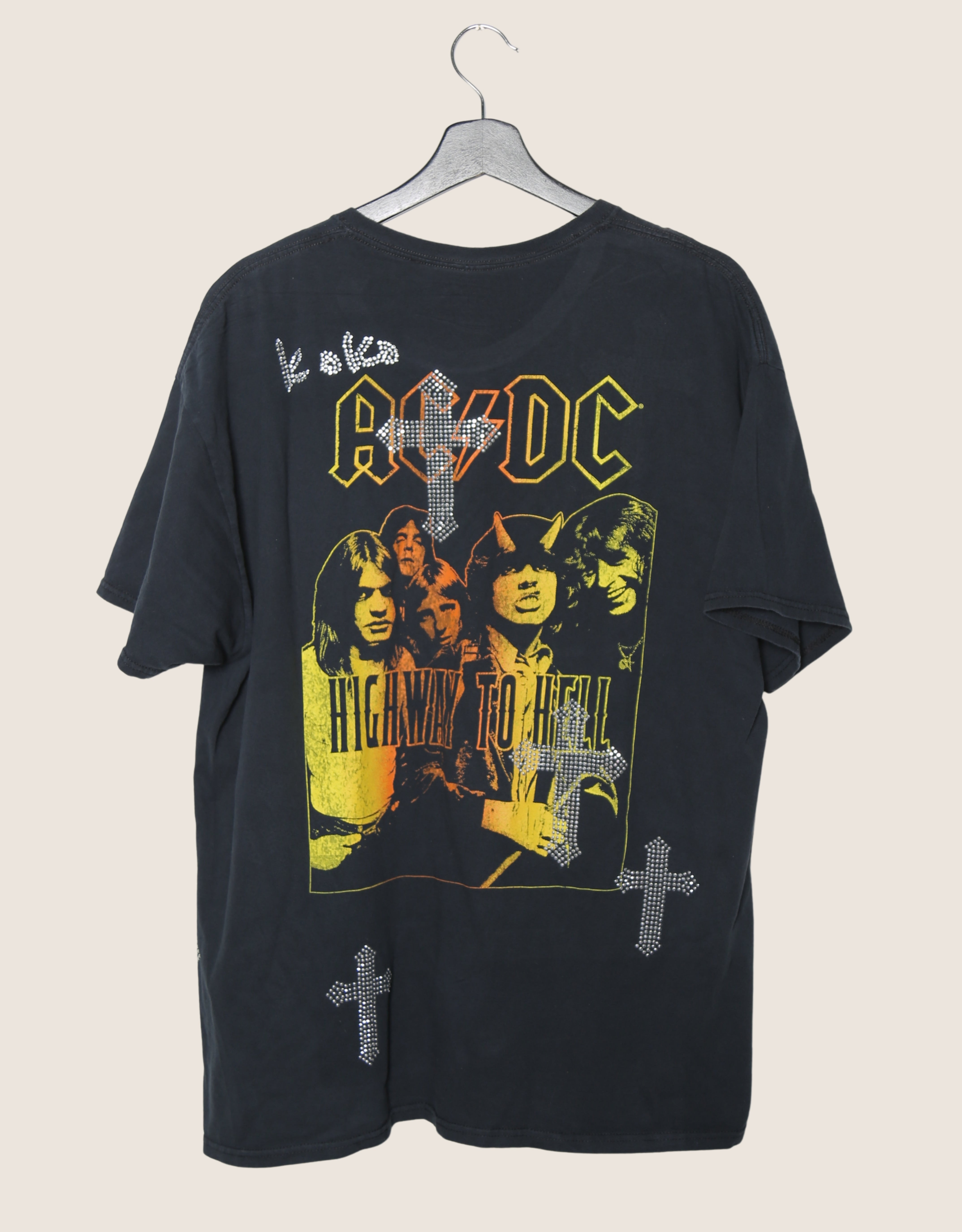 acdc group studded cross oversized tee