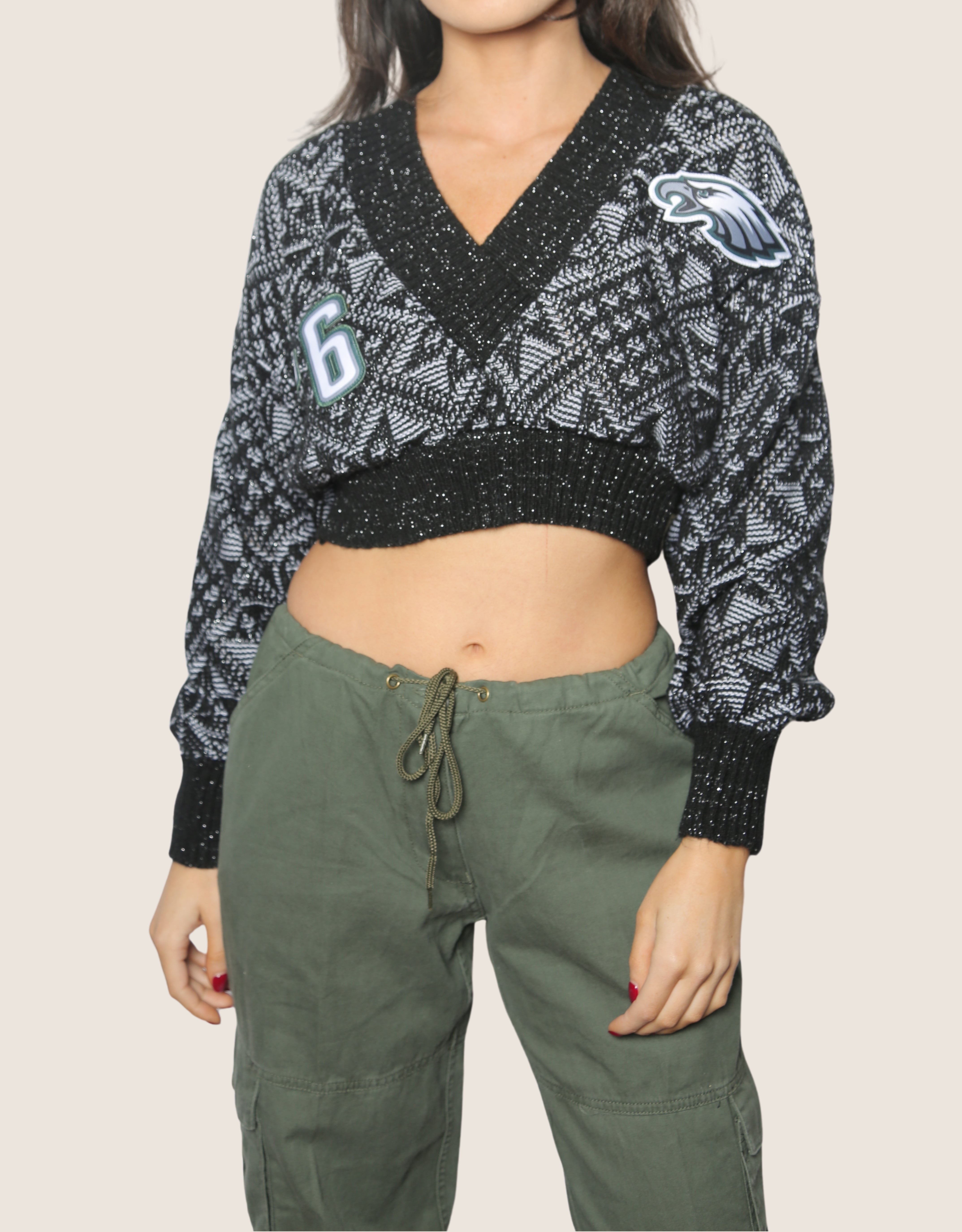 eagles patched cropped dad sweater