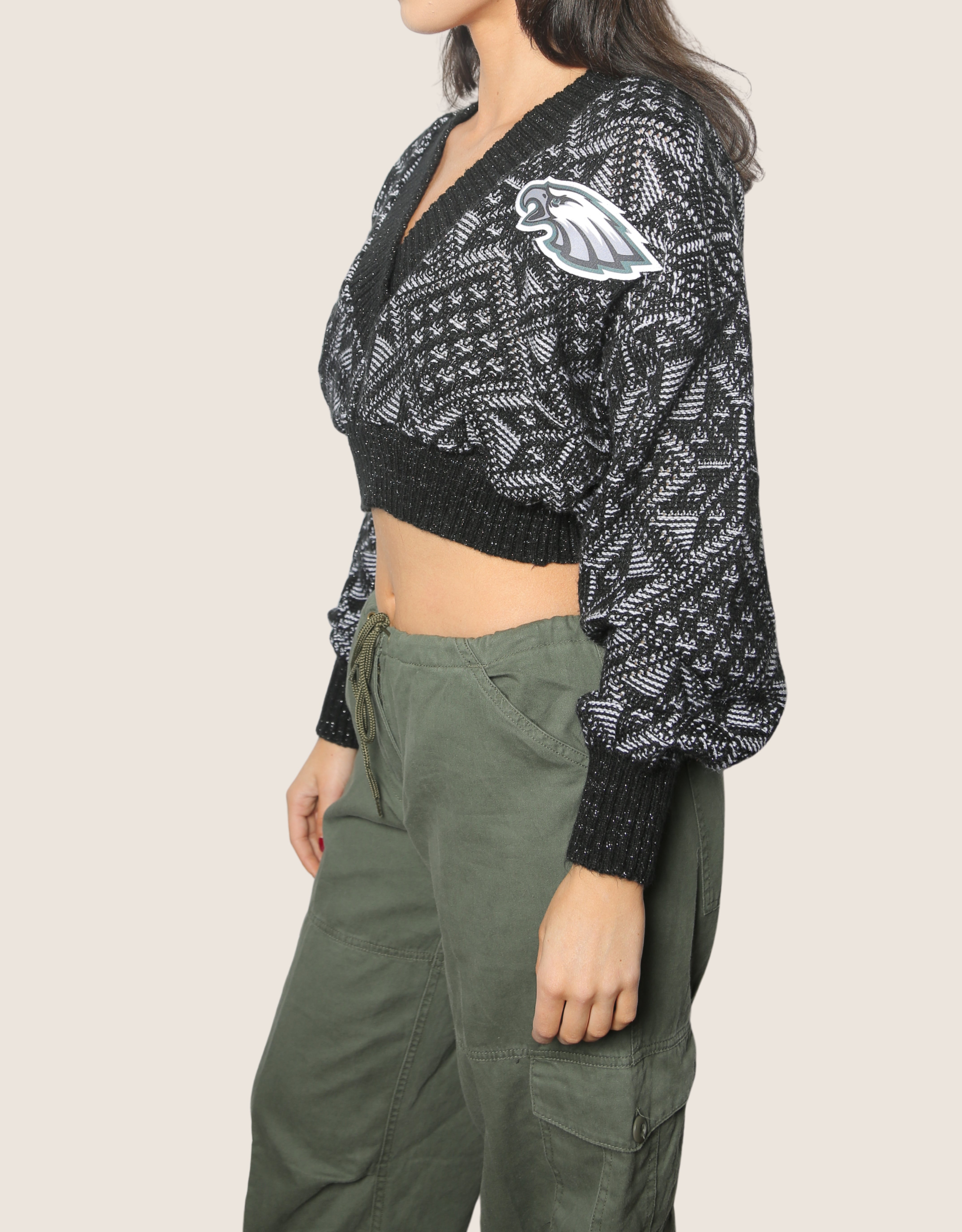 eagles patched cropped dad sweater