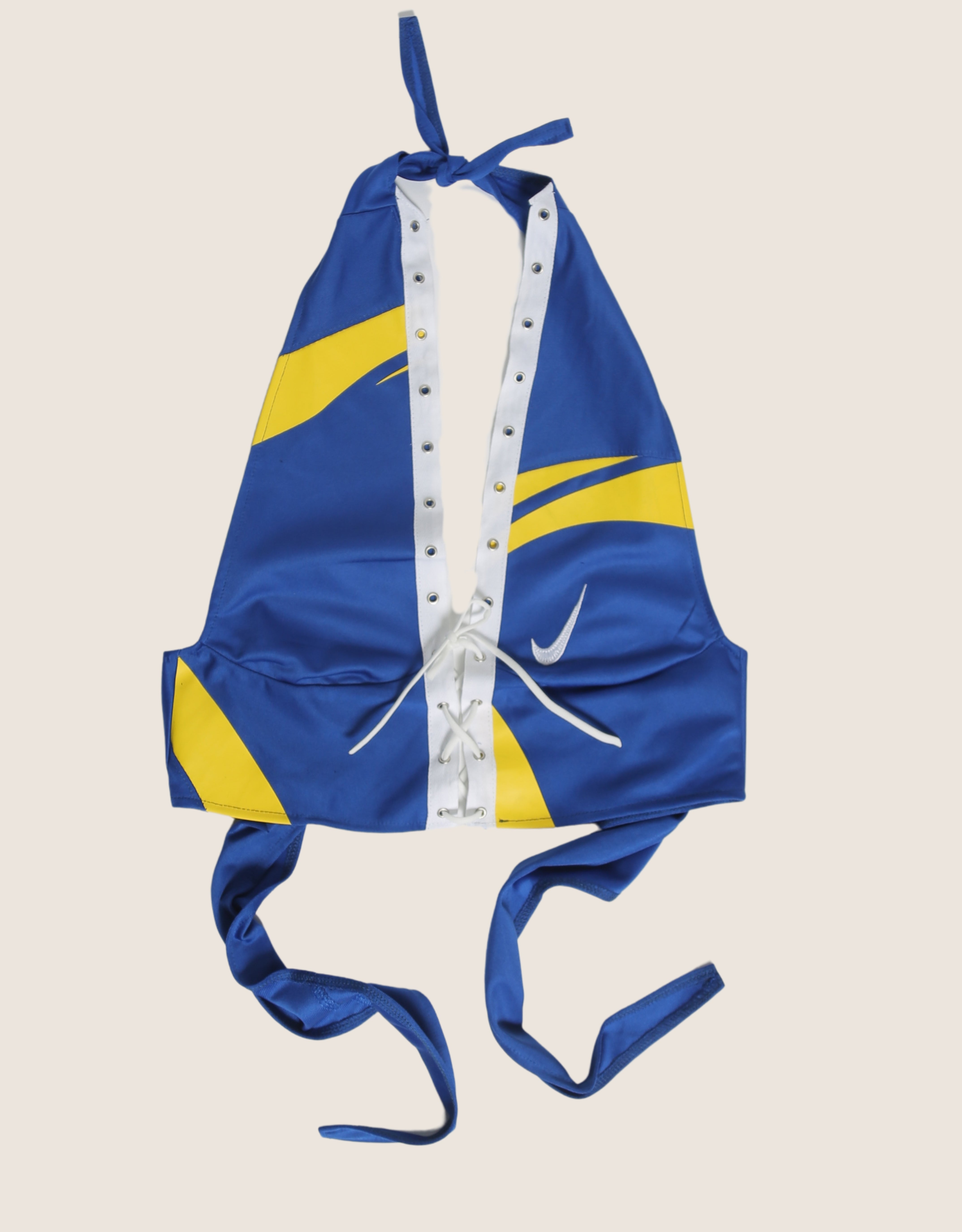 blue/yellow plunge halter top