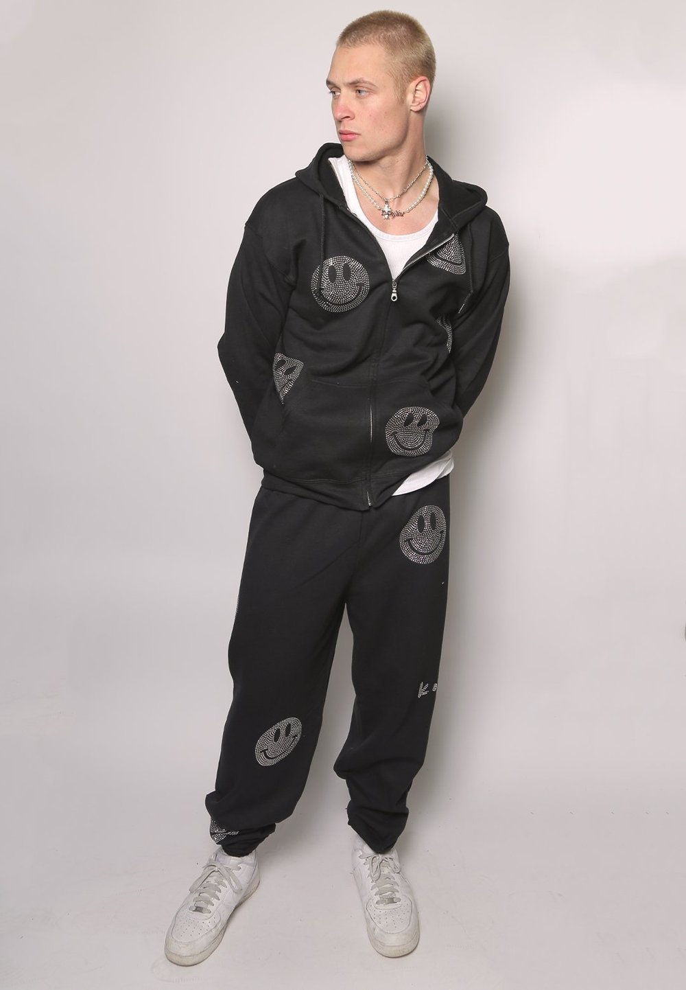 mens zip sweatshirt hoodie with studded smileys