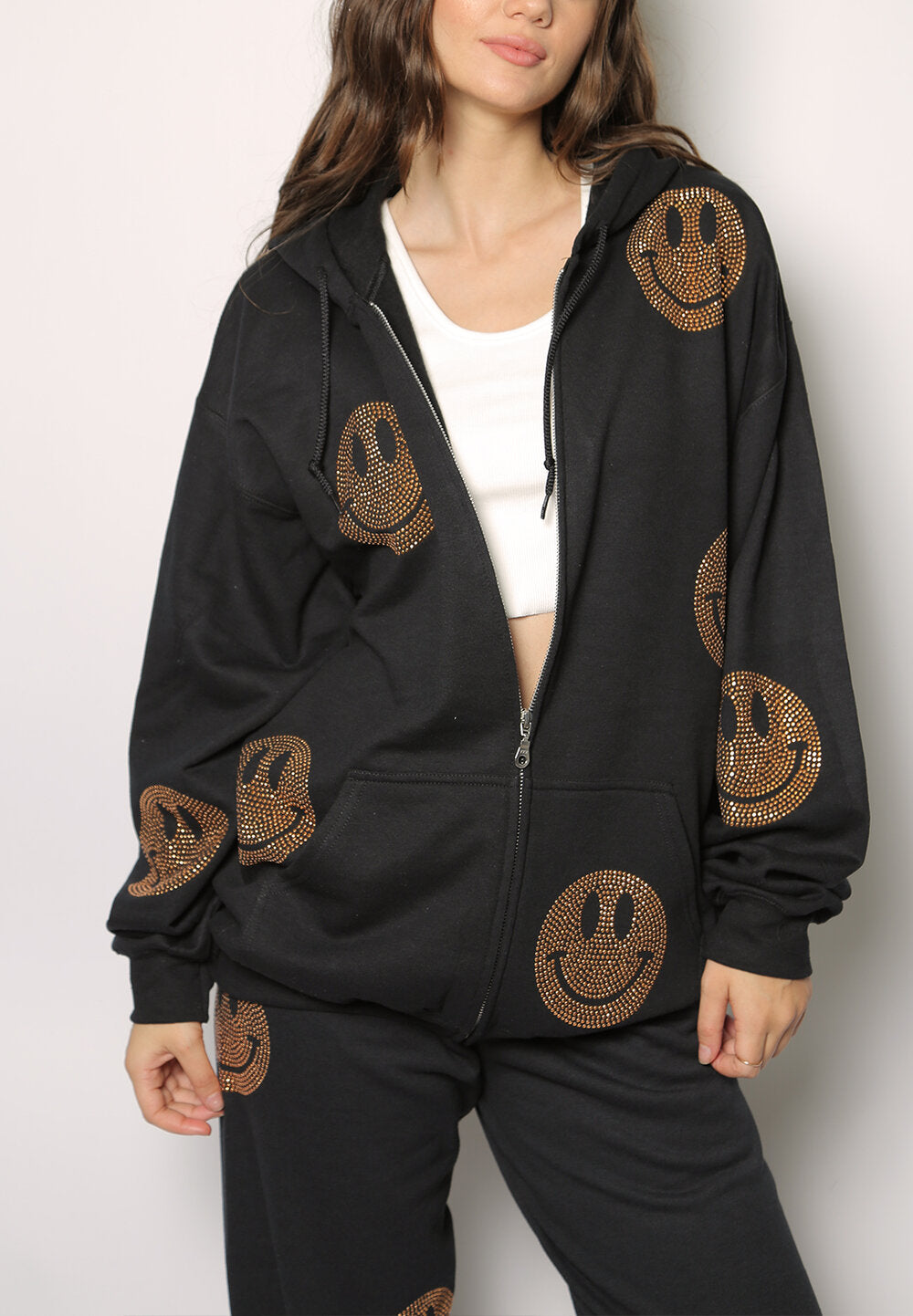 zip sweatshirt hoodie with studded smileys