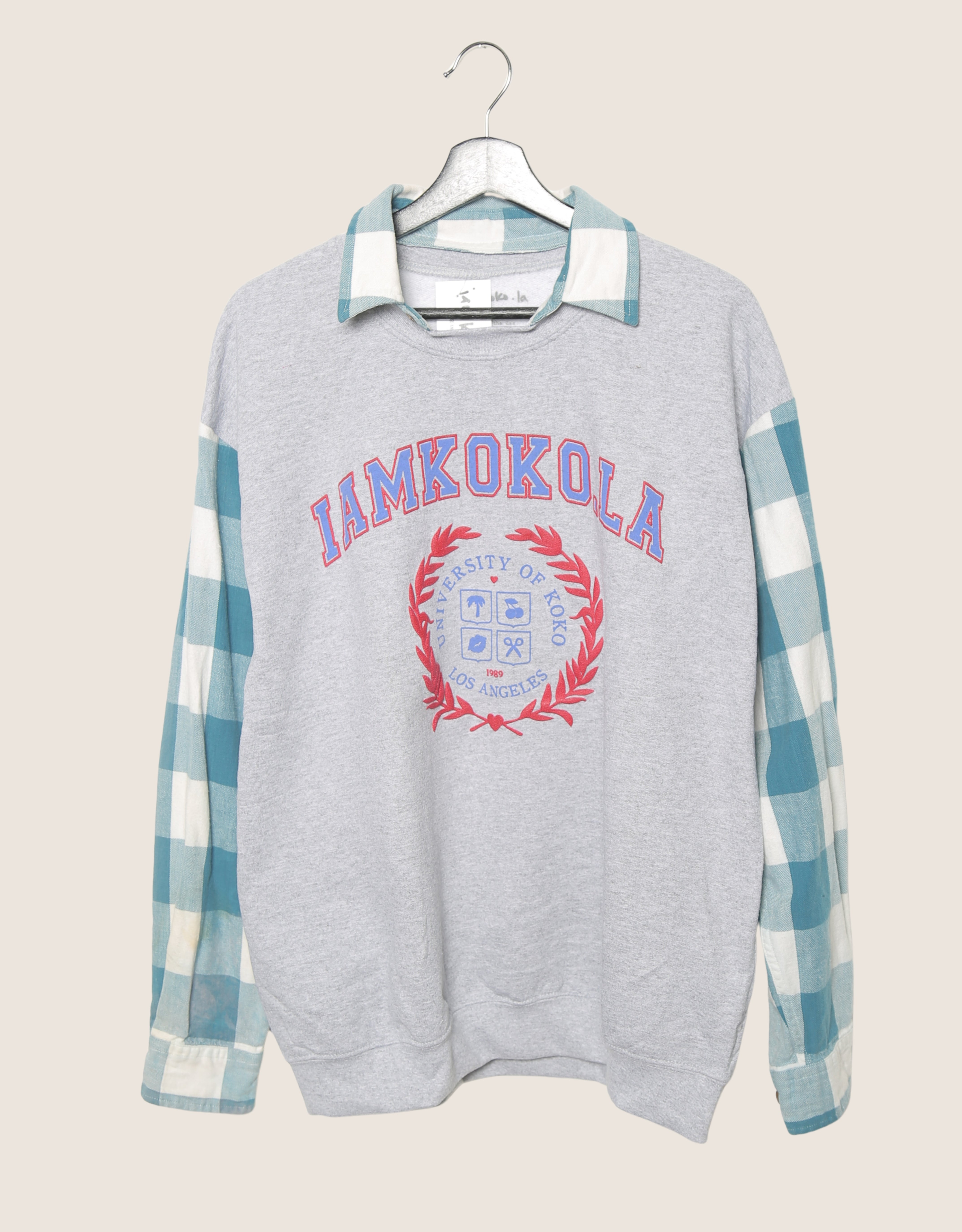 koko university sweatshirt with blue plaid sleeves (large)