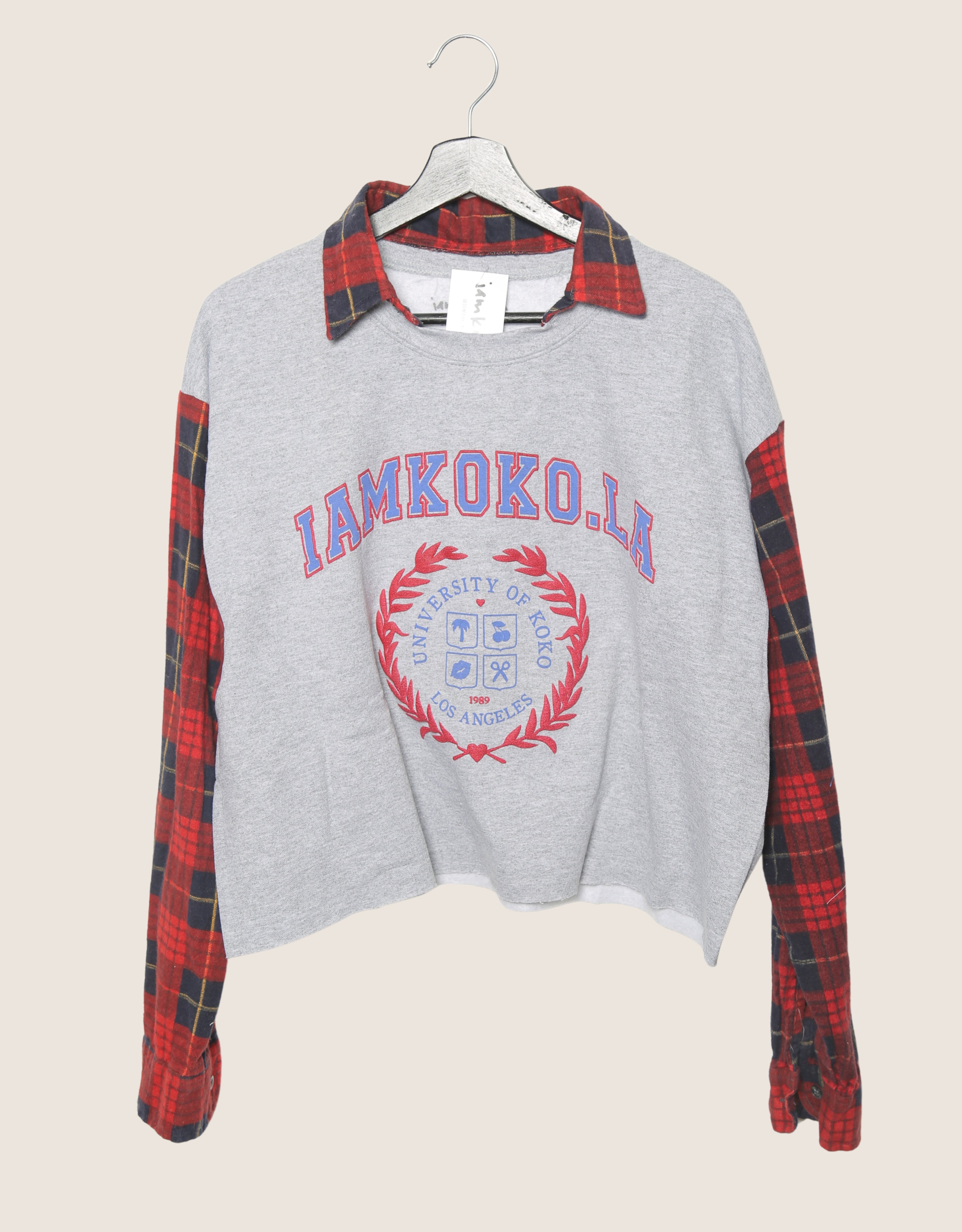 koko university sweatshirt with red plaid sleeves (large)