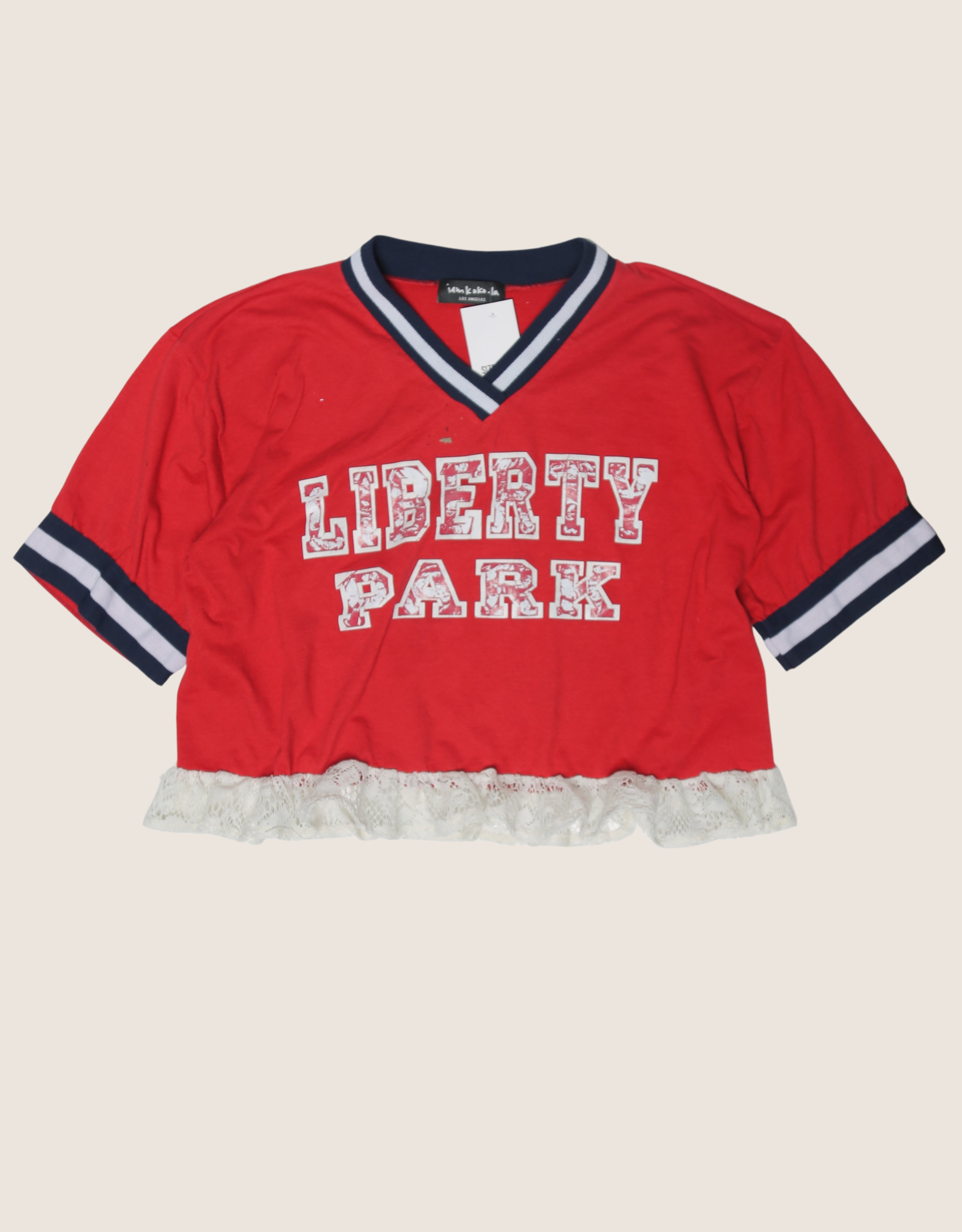 liberty park reworked lace ruffle hem tee