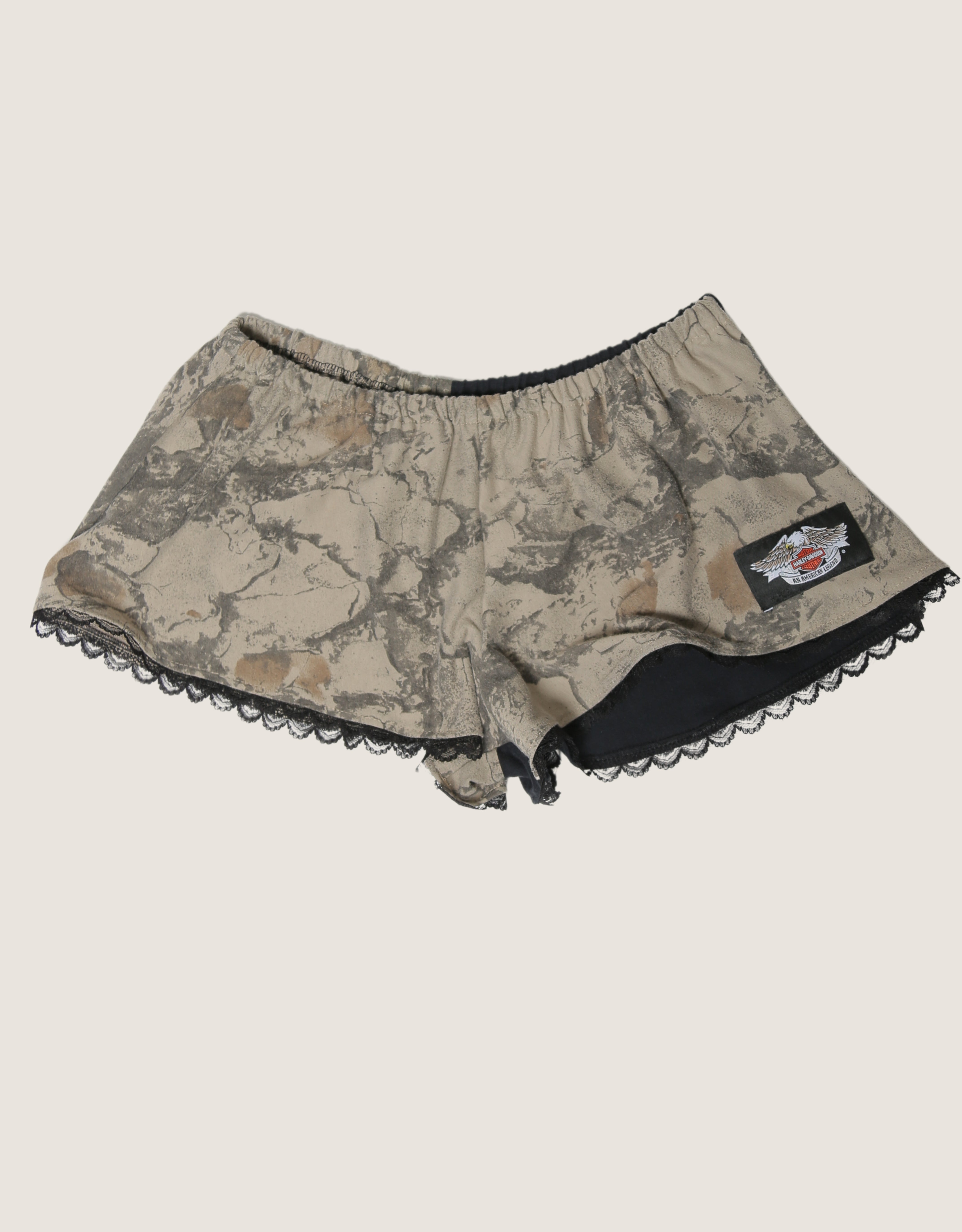 harley camo reworked mini shorts