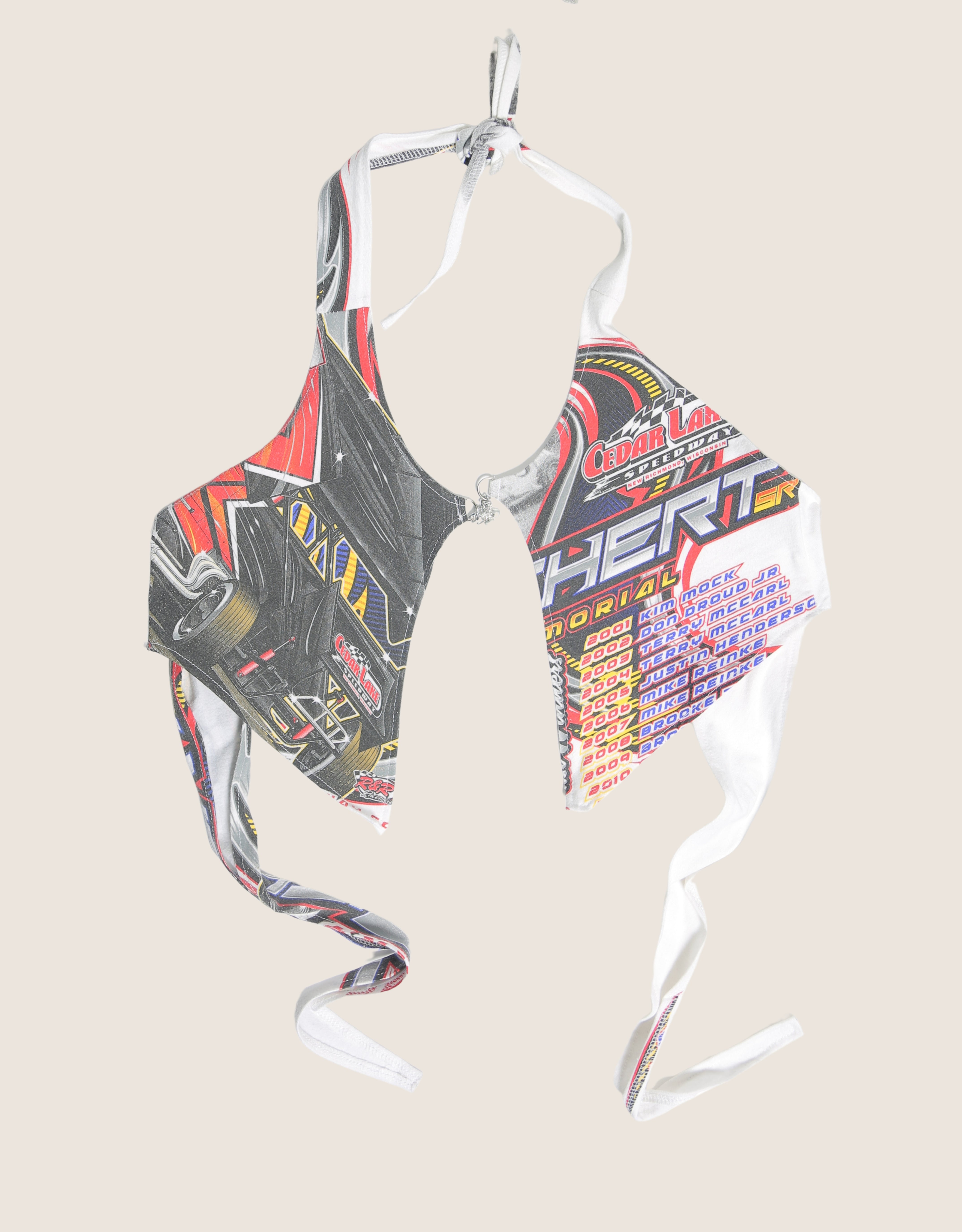 white racing charm front halter top