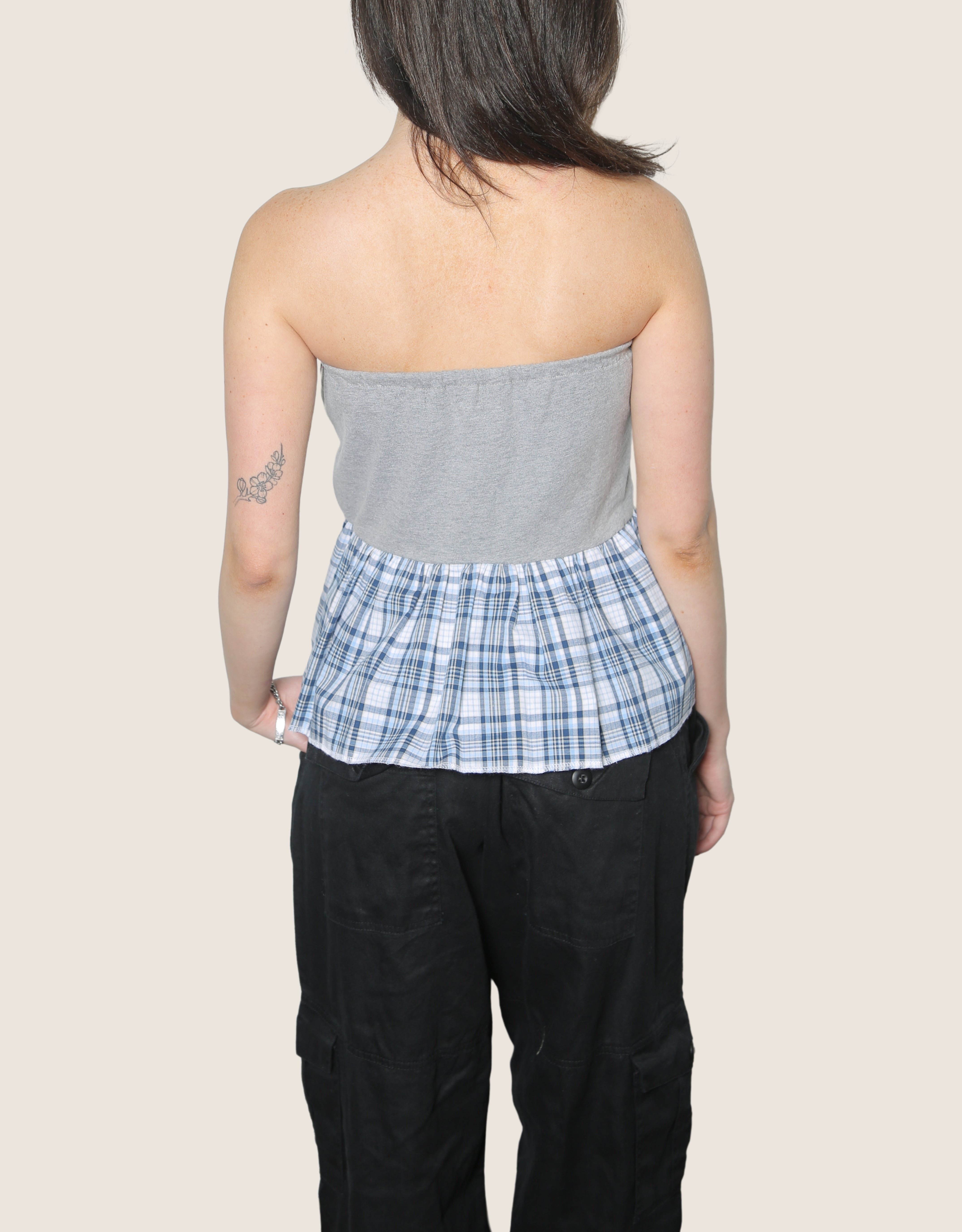 usc reworked tube top with plaid trim
