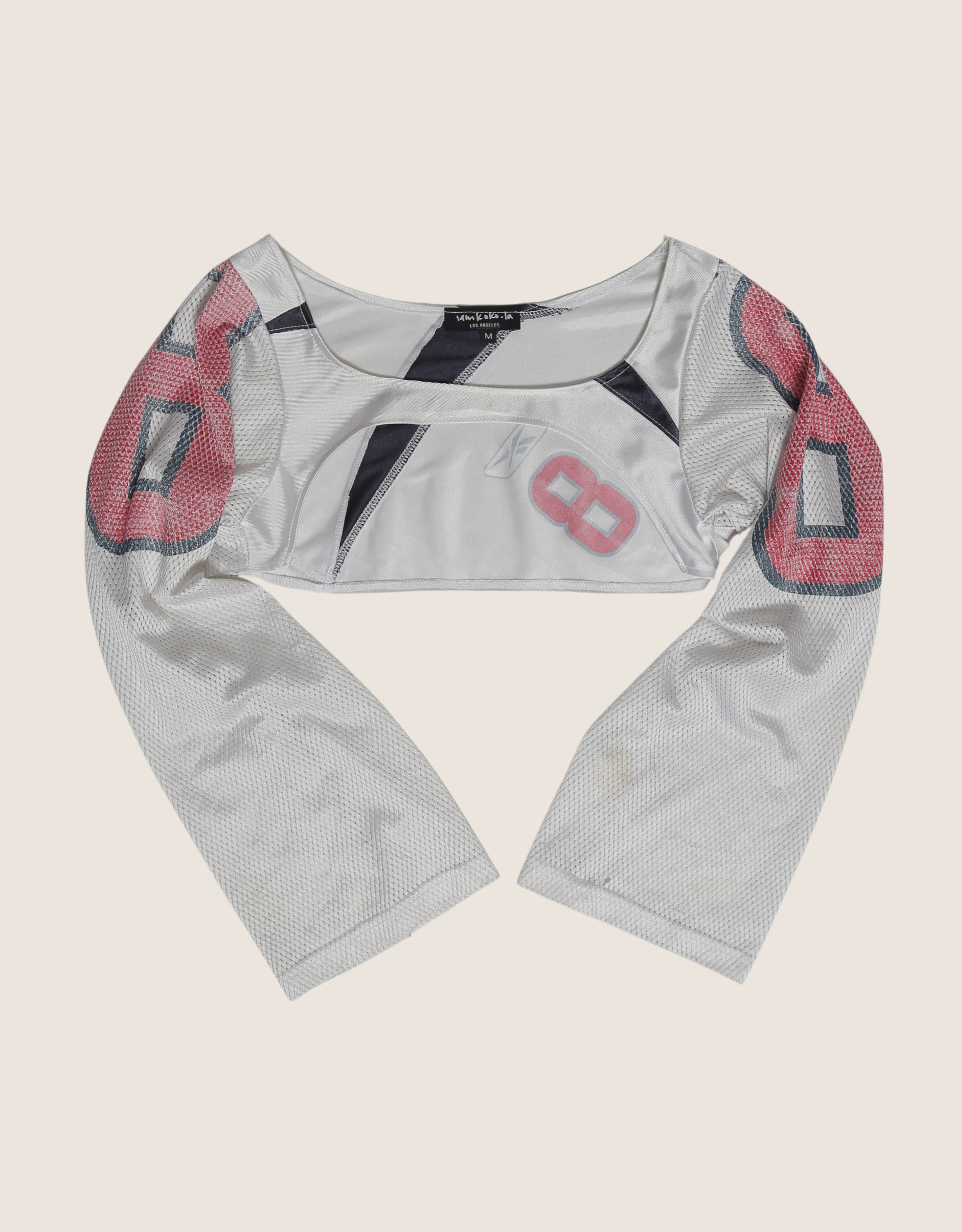 white #8 reworked long sleeve jersey shrug (M)