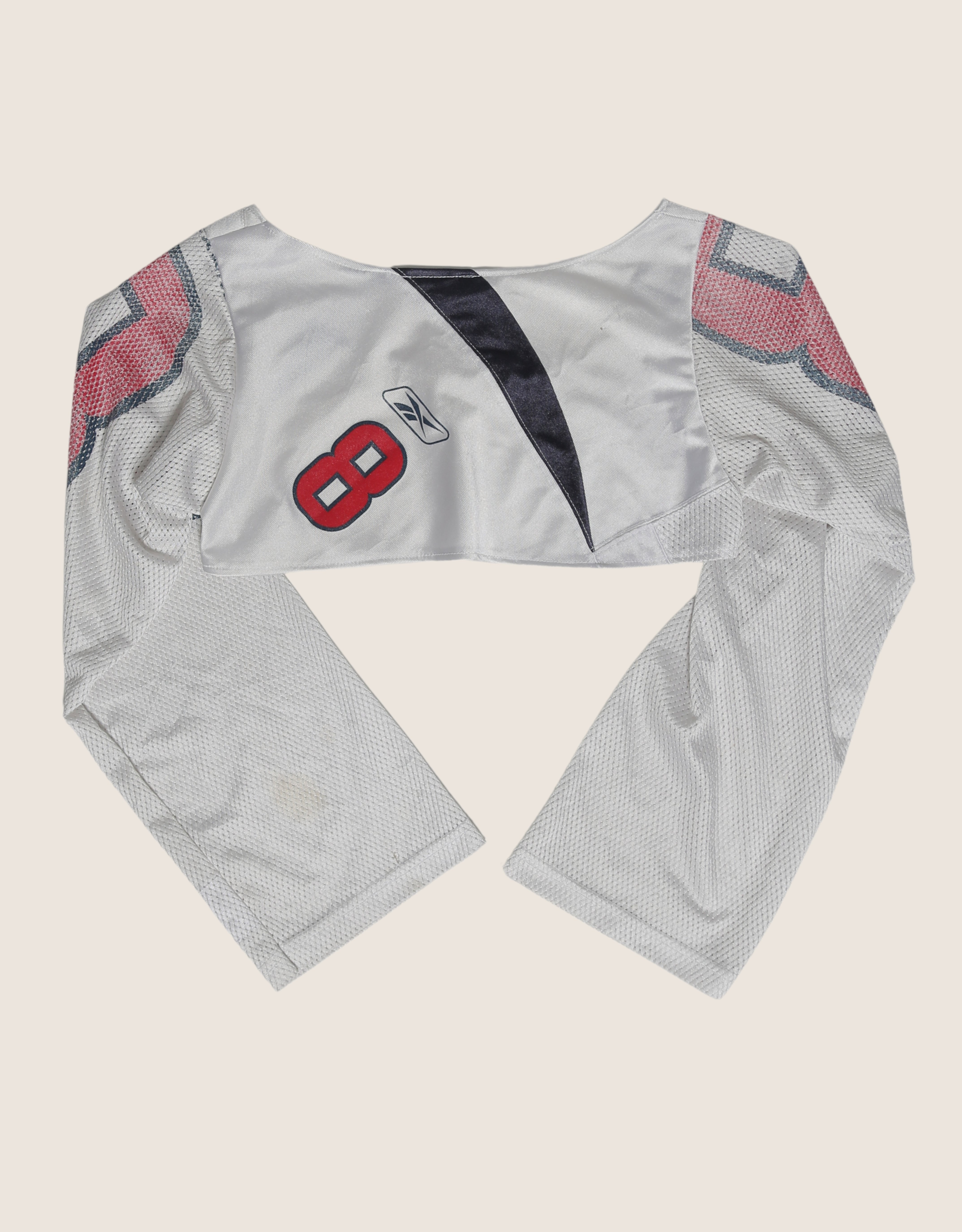 white #8 reworked long sleeve jersey shrug (M)