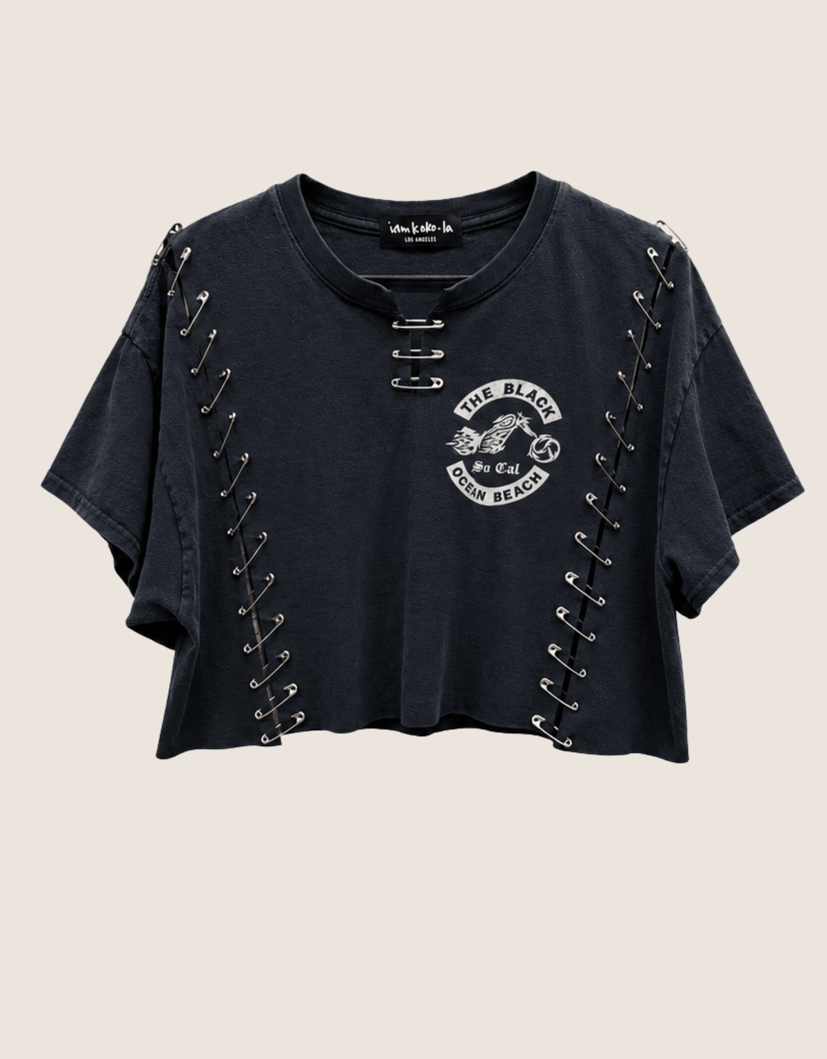 ocean bikes cropped tee with safety pins