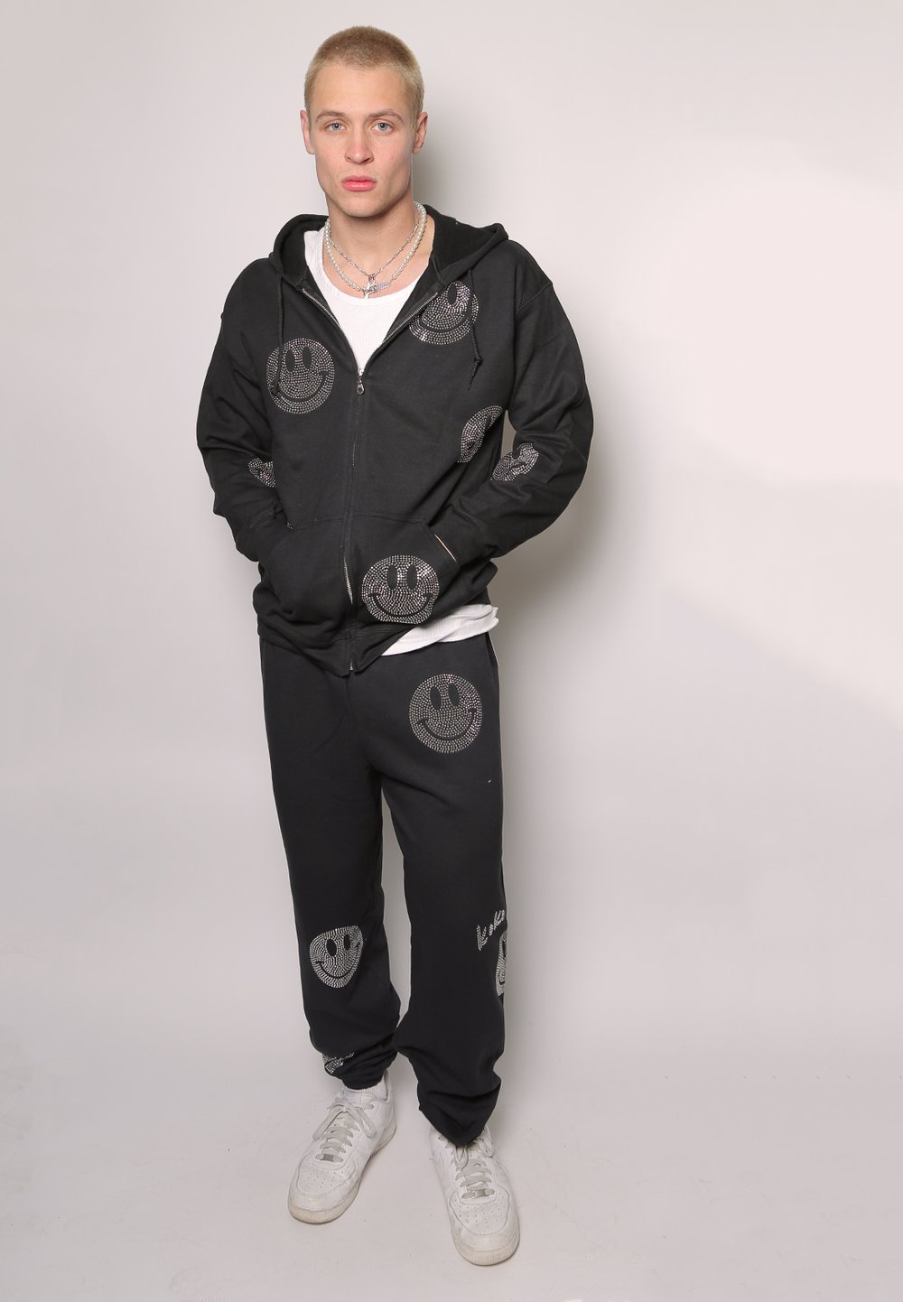 mens zip sweatshirt hoodie with studded smileys