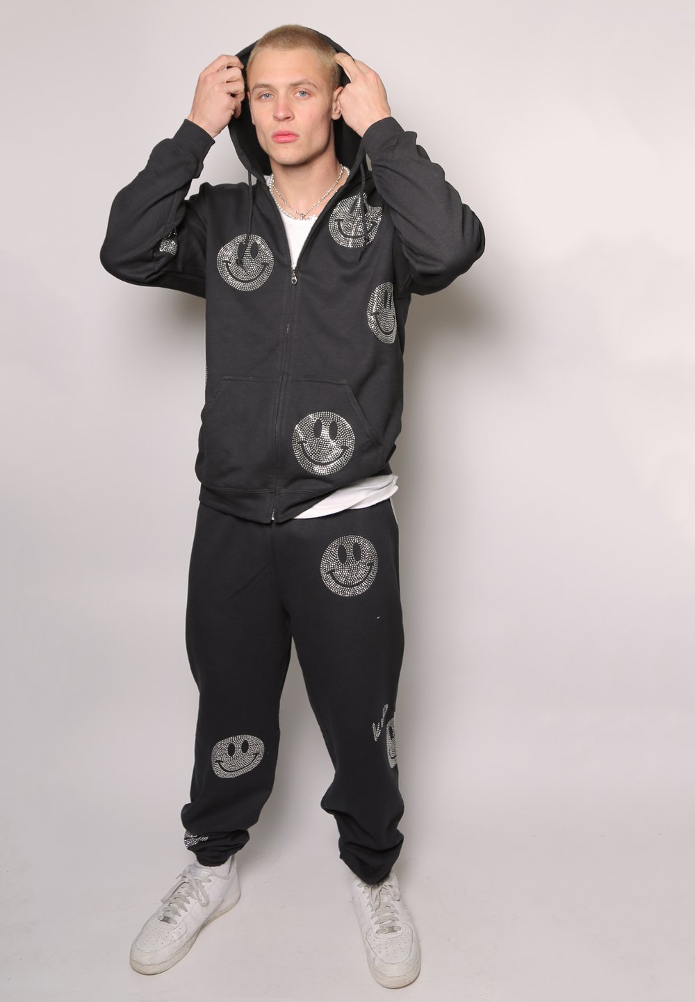 mens zip sweatshirt hoodie with studded smileys