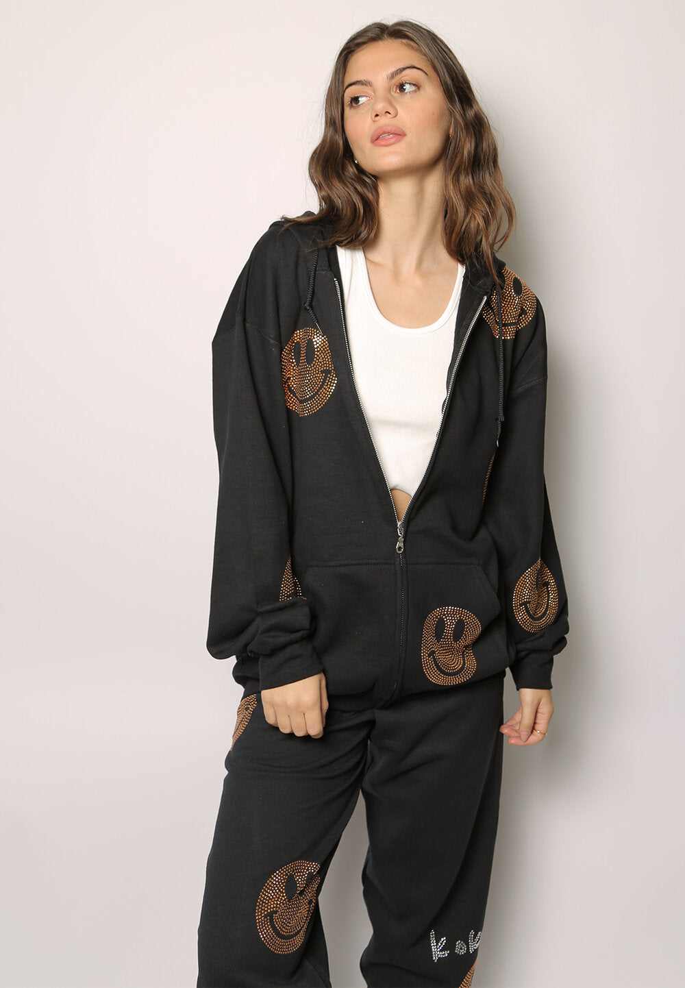 zip sweatshirt hoodie with studded smileys