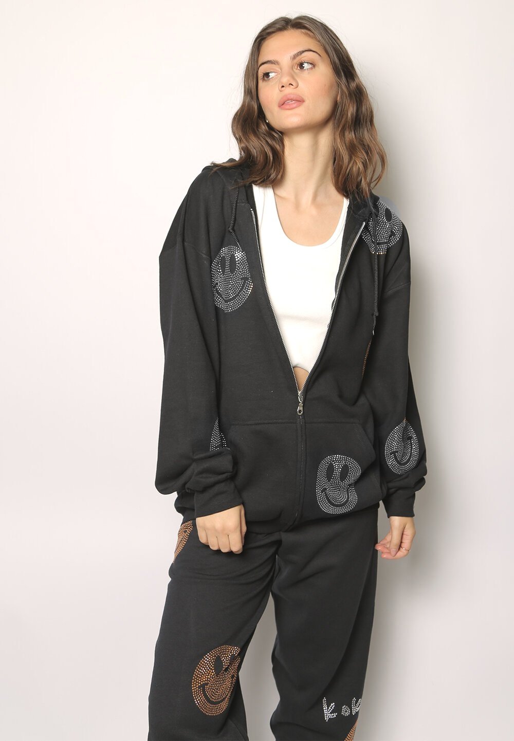 zip sweatshirt hoodie with studded smileys